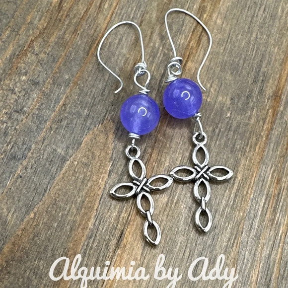 Purple jade silver cross statement dangle long bohemian earrings - Picture 1 of 3